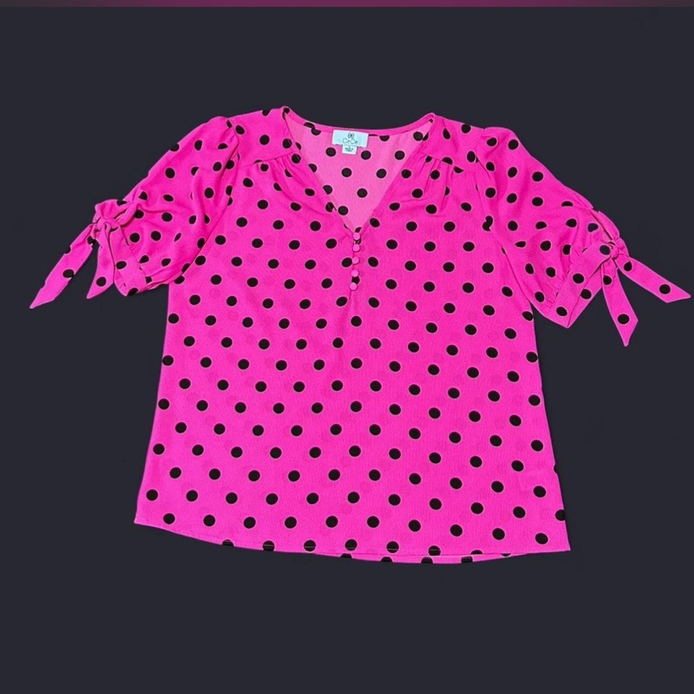 CeCe Hot Pink Polka Dot Tie-Sleeve Blouse - Picture 7 of 7